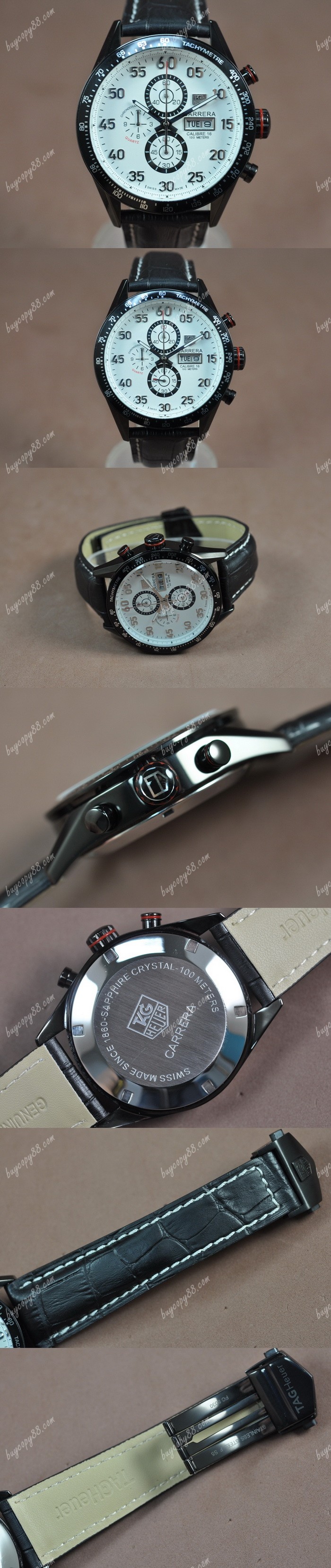 豪雅錶Tag Heuer Carrera 43mm Black PVD White Dial Jap OS11石英錶0