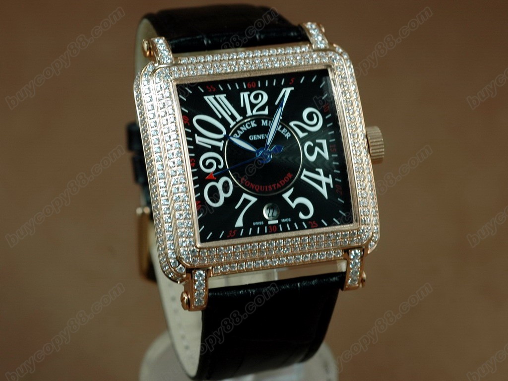 法蘭克穆勒【男性用】 Conquistador Bezel Diamond RG Case Black Dial, Black Strap Japan 石英機芯搭載3